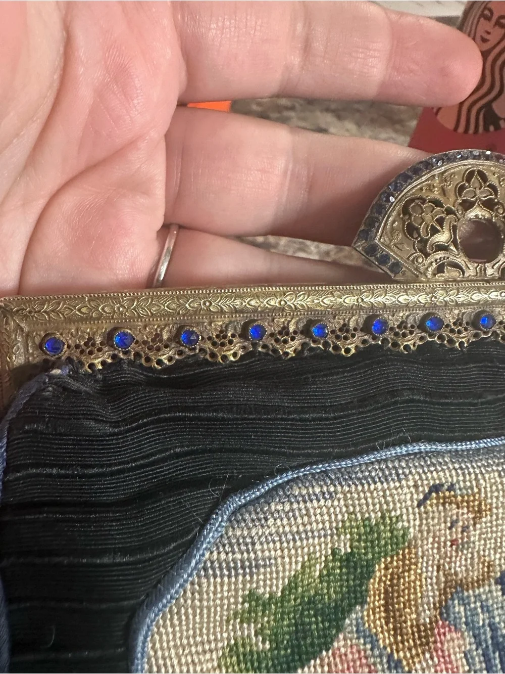 Vintage Czechoslovakia Needlepoint Evening Purse Blue Glass Frame Trinity Plate